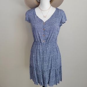 Flutter sleeves floral blue tiered button dress